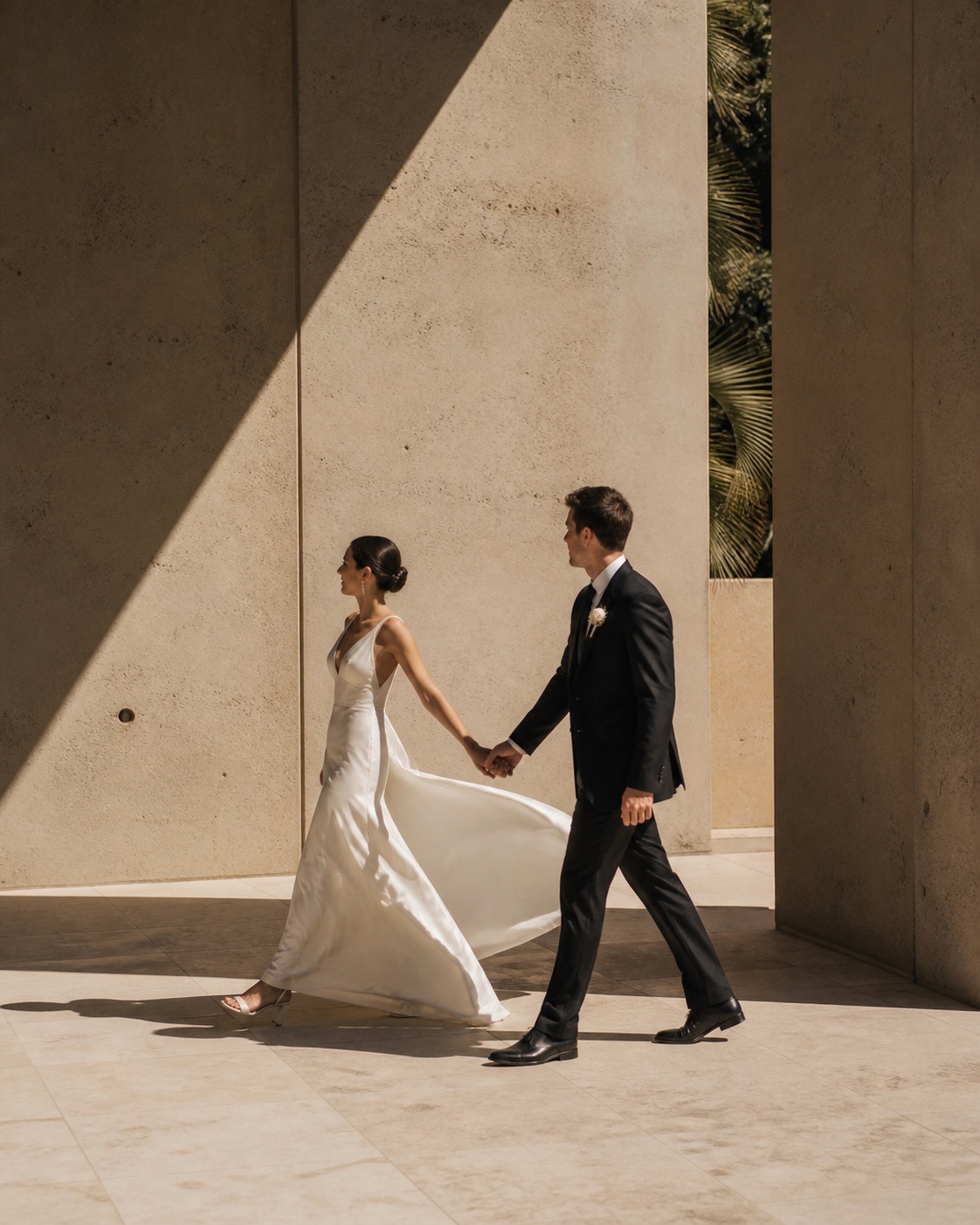 Newlyweds walking through geometric afternoon light